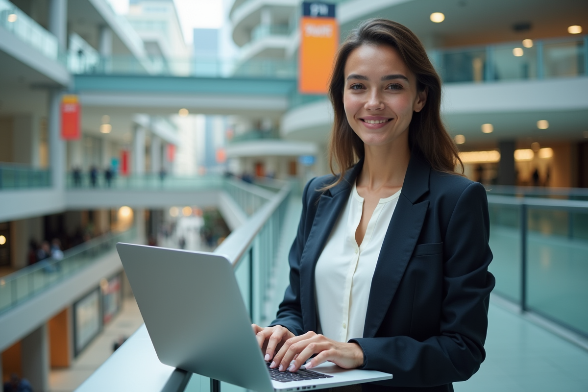 Femme confiante travaillant sur son ordinateur à Station F