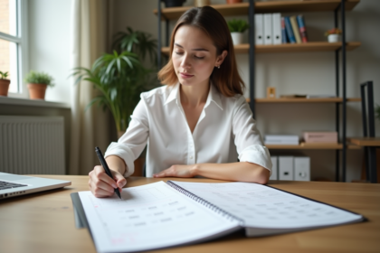Femme professionnelle annotant un calendrier dans son bureau