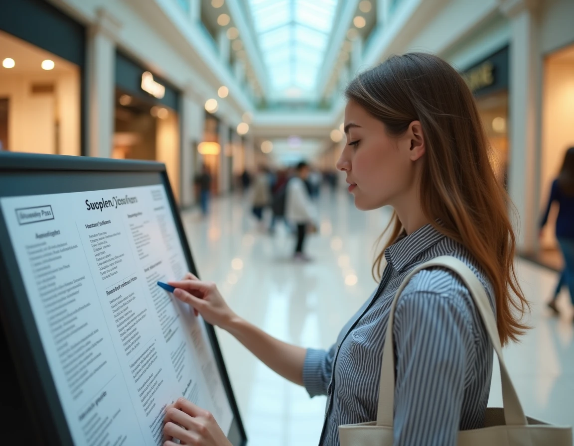Jeune femme consultant le plan d'un centre commercial pour repérer les enseignes acceptant le Shopping Pass