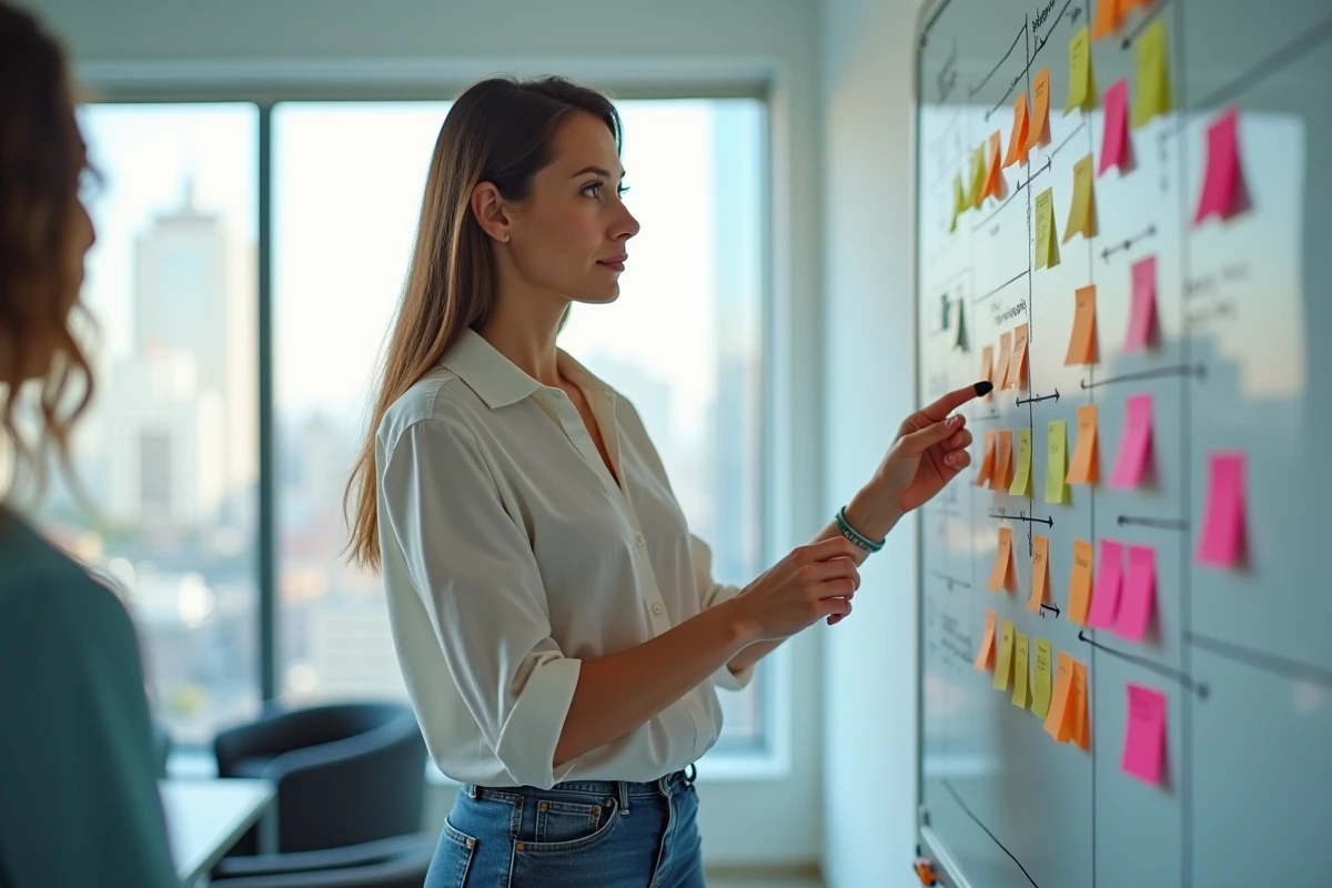 Jeune femme expliquant un projet avec un tableau blanc
