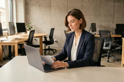 Femme professionnelle travaillant dans un bureau équipé en espace de coworking moderne