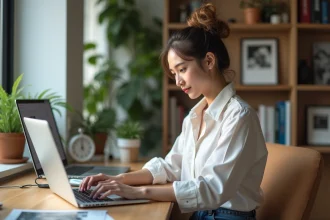 Jeune femme professionnelle travaillant sur son ordinateur dans un bureau lumineux