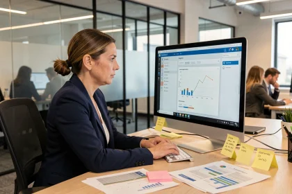 Une professionnelle analysant un logiciel de gestion d'équipe type Scalora sur son ordinateur dans un bureau moderne