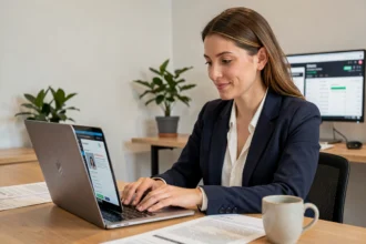 Femme professionnelle utilisant un outil IA marketing sur son ordinateur portable dans un bureau moderne pour optimiser ses campagnes email