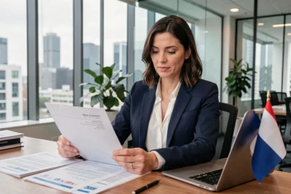 Femme professionnelle consultant des documents pour une demande de passeport talent en portage salarial dans un bureau moderne
