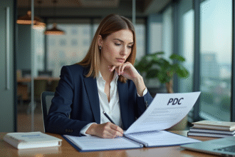 Femme en blazer navy examinant un document PDC dans un bureau moderne