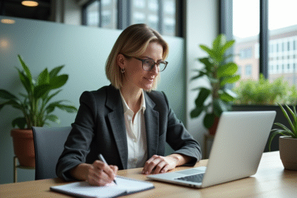 Femme professionnelle en blazer consultante sur réseaux sociaux