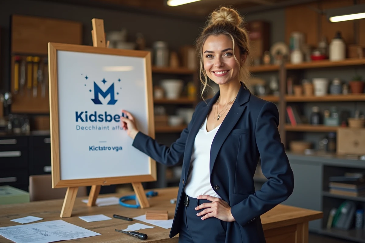 Femme propriétaire dans son atelier mettant à jour une affiche