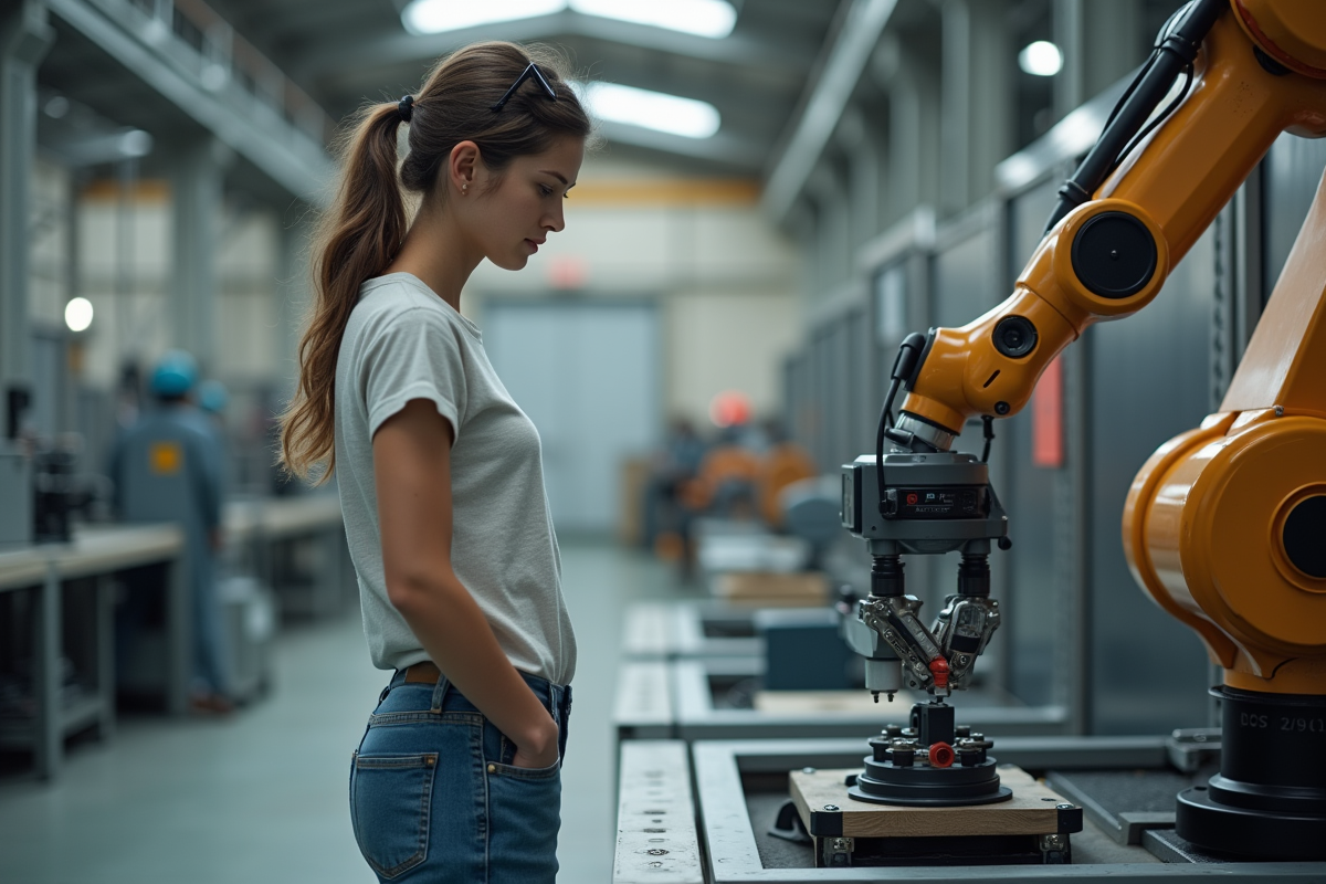 Jeune femme observant un robot industriel en atelier
