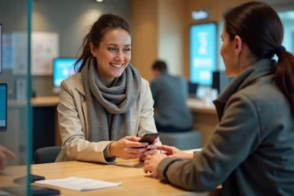 Femme souriante parlant avec un agent au centre de service à Lille