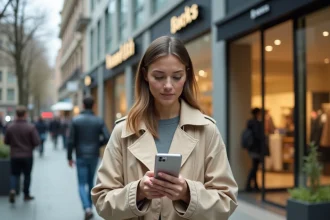 Femme consultant son Shopping Pass sur smartphone devant l'entrée d'une enseigne partenaire en centre-ville
