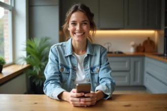 Femme souriante avec smartphone dans une cuisine moderne