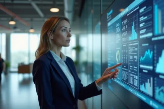 Femme professionnelle interagissant avec un tableau de bord numérique dans un bureau moderne lors d'une transformation digitale