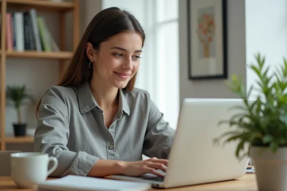 Femme en télétravail à son bureau à domicile, travaillant sur ordinateur portable sans diplôme requis
