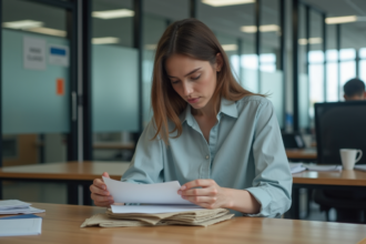 Femme concentrée examinant un dossier au bureau