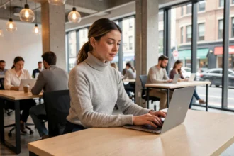 Femme travaillant dans un espace de coworking moderne à un bureau partagé avec son ordinateur portable