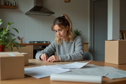 Femme en télétravail emballant des colis depuis son domicile avec du ruban adhésif et des cartons sur une table de cuisine