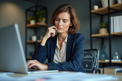 Femme professionnelle regardant une tablette avec graphiques IA