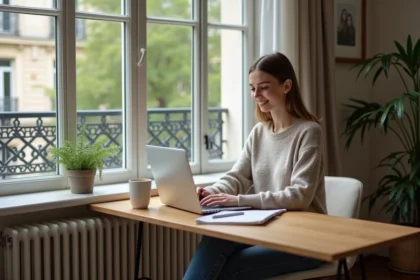 Jeune femme travaillant sur son ordinateur à Paris
