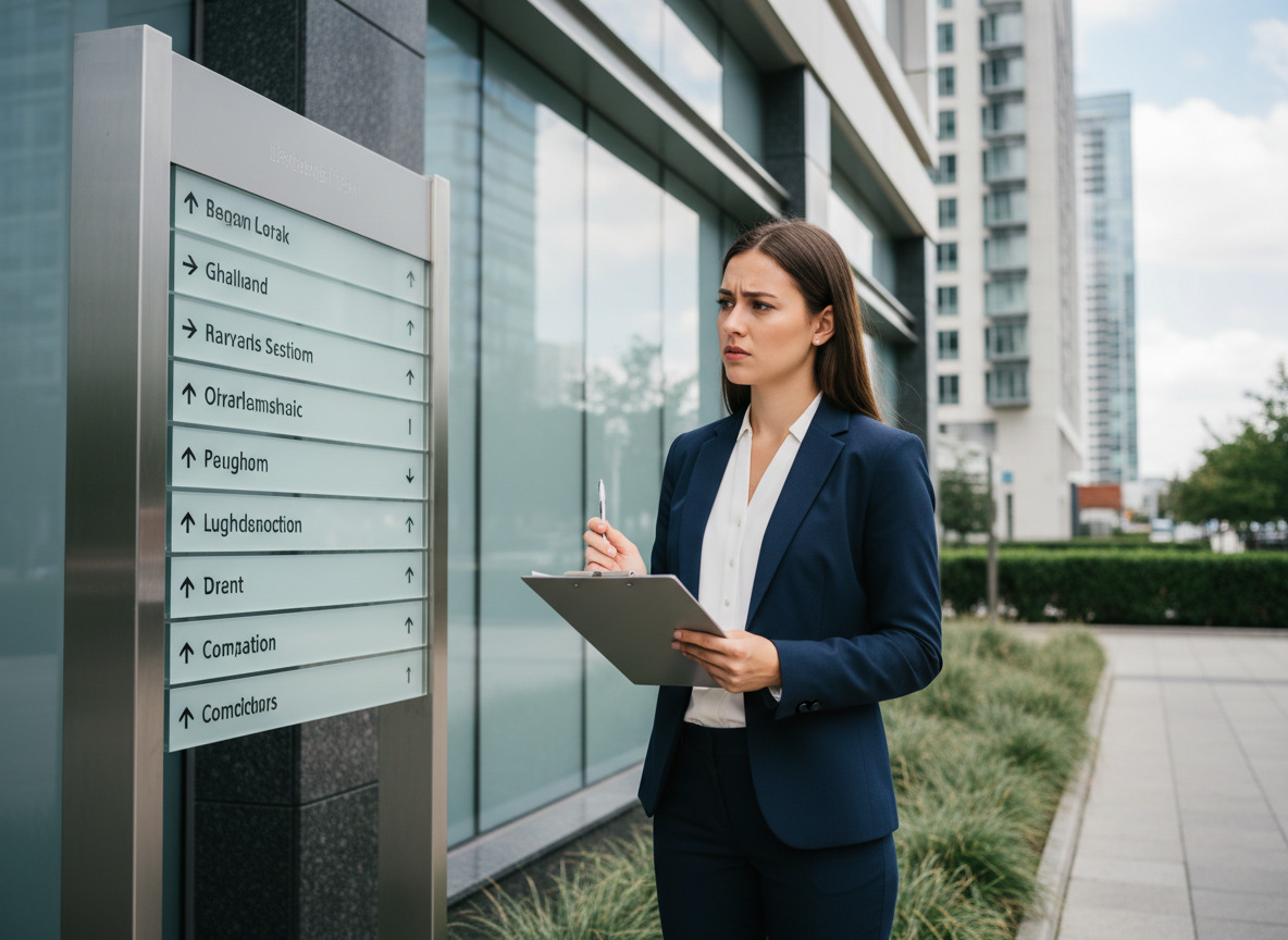 Jeune femme en costume vérifiant une nouvelle enseigne de bureau