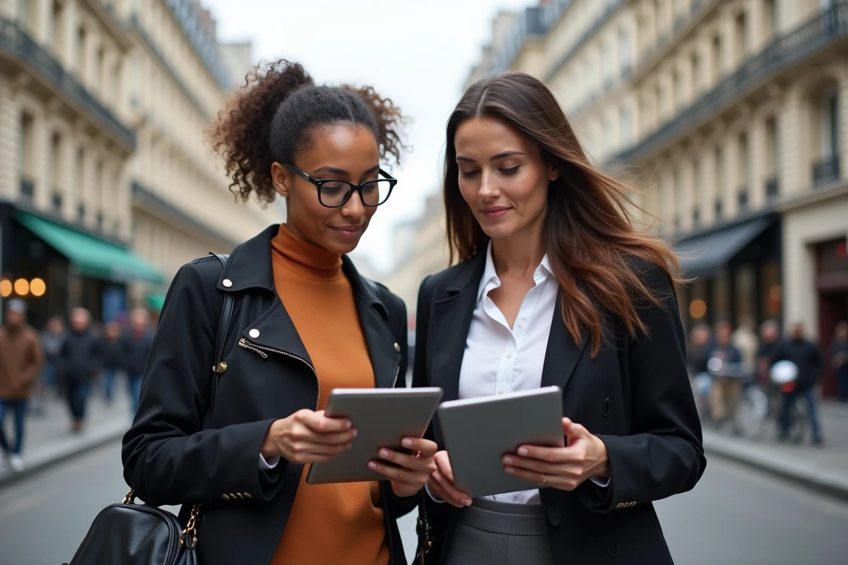 Deux femmes fondatrices discutant sur une rue de Paris