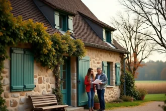 Façade en pierre de la Ferme du Fays avec visiteurs à l'entrée en automne