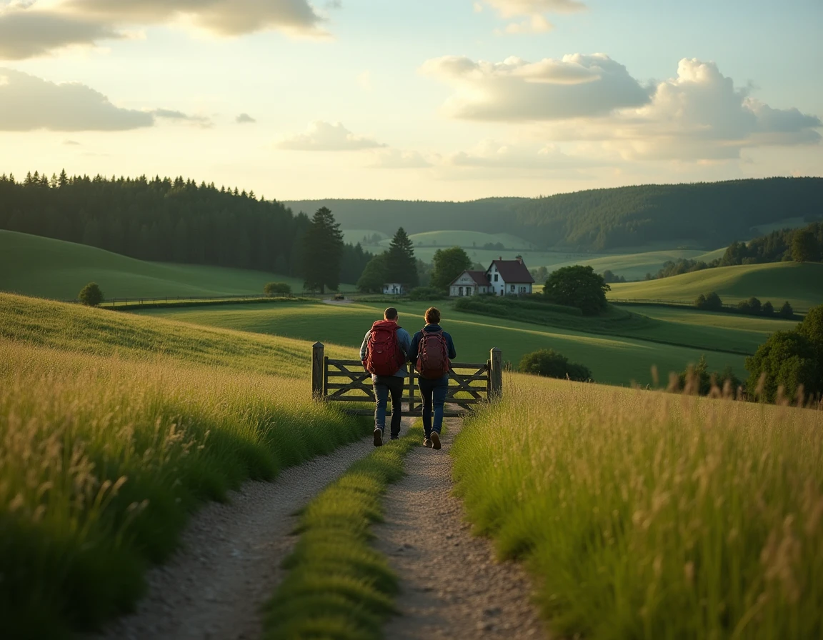 Paysage verdoyant des Ardennes avec randonneurs se dirigeant vers la Ferme du Fays