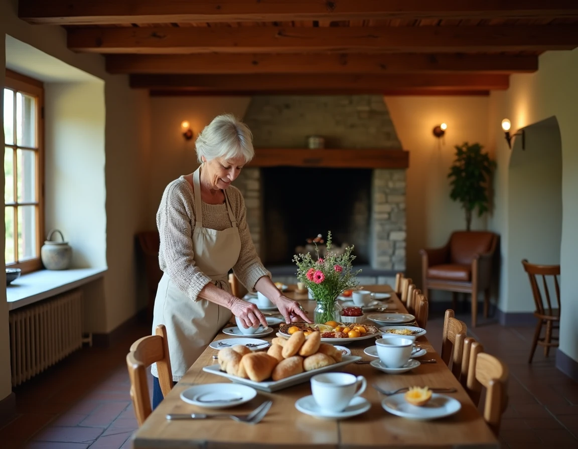 Salle à manger intérieure de la Ferme du Fays avec petit-déjeuner traditionnel ardennais