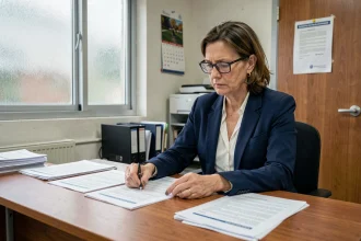 Une femme cadre examine des documents administratifs liés à la fermeture de son établissement et à un arrêt maladie