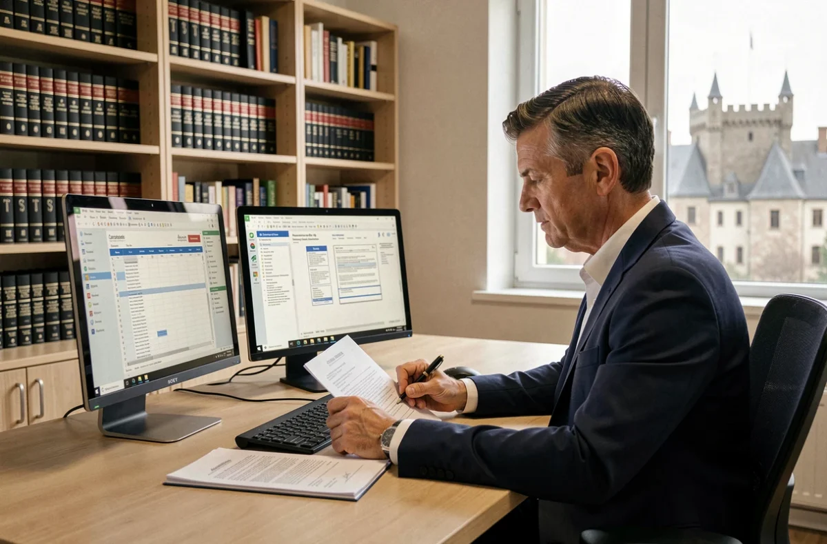 Expert-comptable de Fidsud Carcassonne examinant des documents comptables et juridiques dans un bureau professionnel avec vue sur la cité médiévale