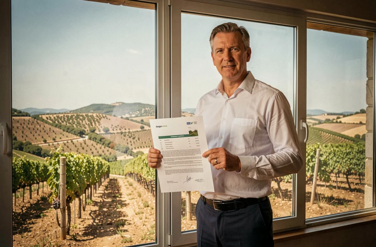 Expert-comptable de Fiducial Expertise Lézignan-Corbières devant un paysage de vignoble des Corbières, tenant un rapport annuel pour un domaine viticole audois
