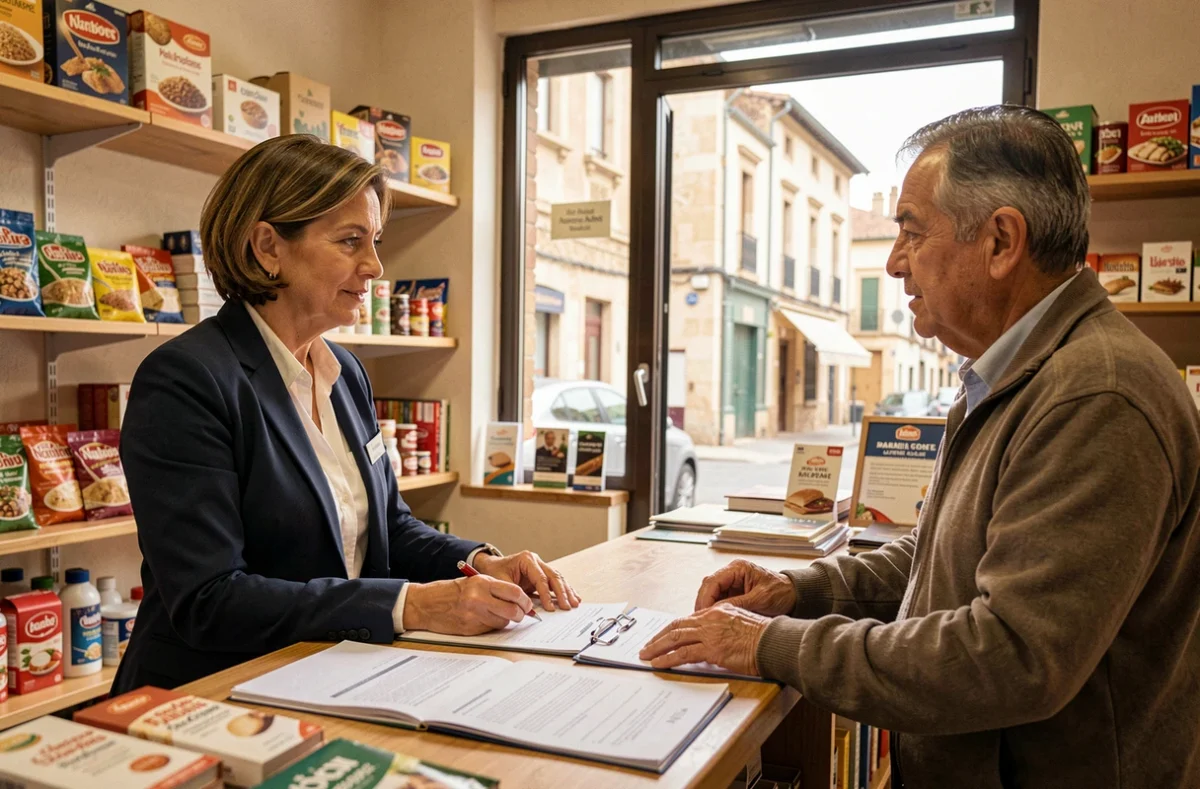 Conseillère de Fiducial Expertise Narbonne en réunion avec un commerçant local dans sa boutique, illustrant l'accompagnement de proximité auprès des commerces narbonnais