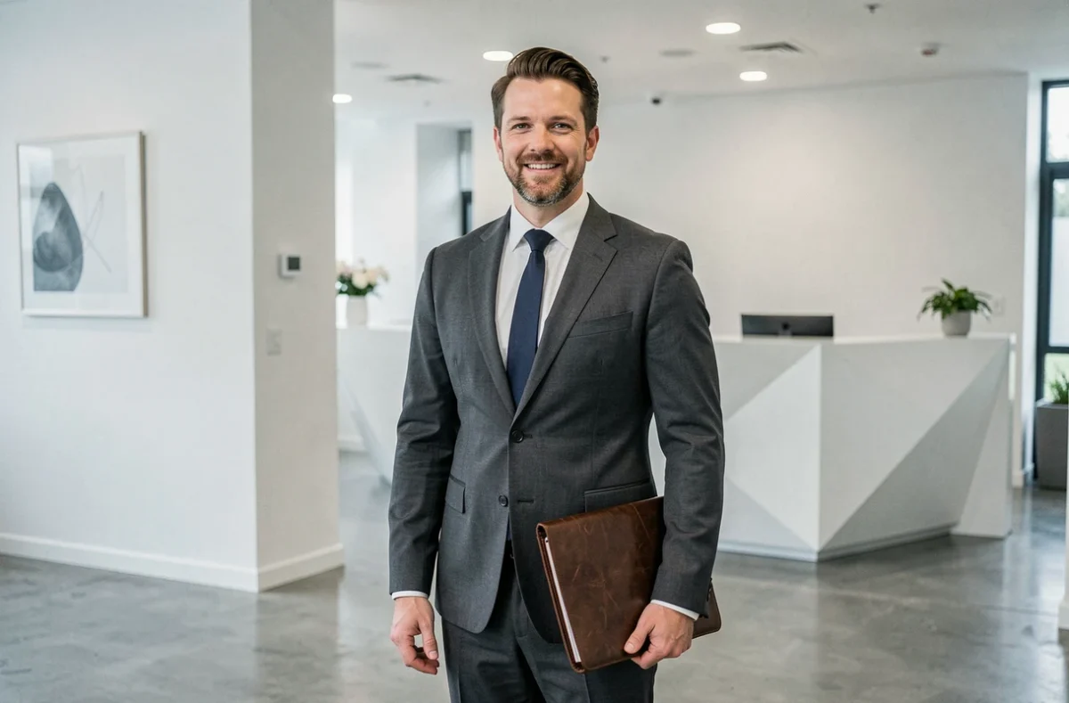 Conseiller financier de Fiducial Tours dans le hall moderne d'un cabinet d'expertise comptable professionnel