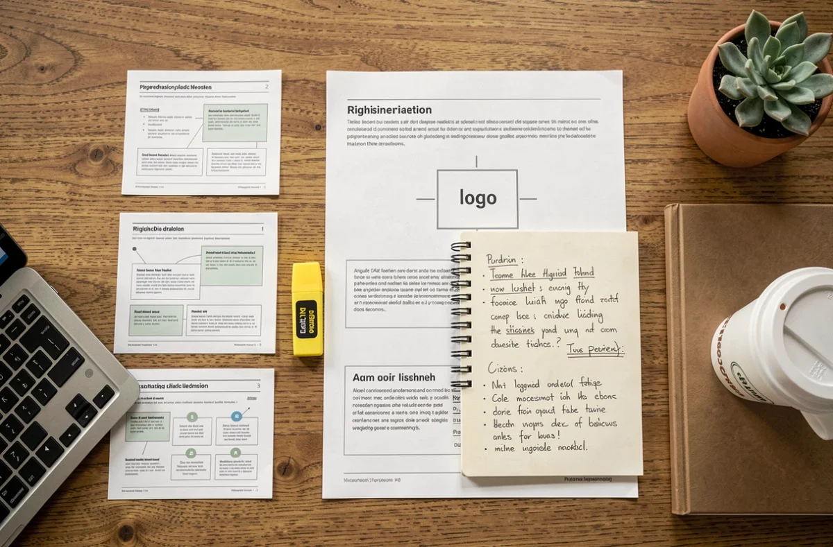 Vue du dessus d'un bureau avec des diapositives de présentation et des notes sur les droits d'utilisation de logo