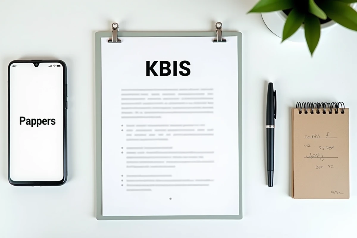 Vue aérienne d'un extrait KBIS Pappers pour SASU posé sur un bureau avec smartphone et notes manuscrites