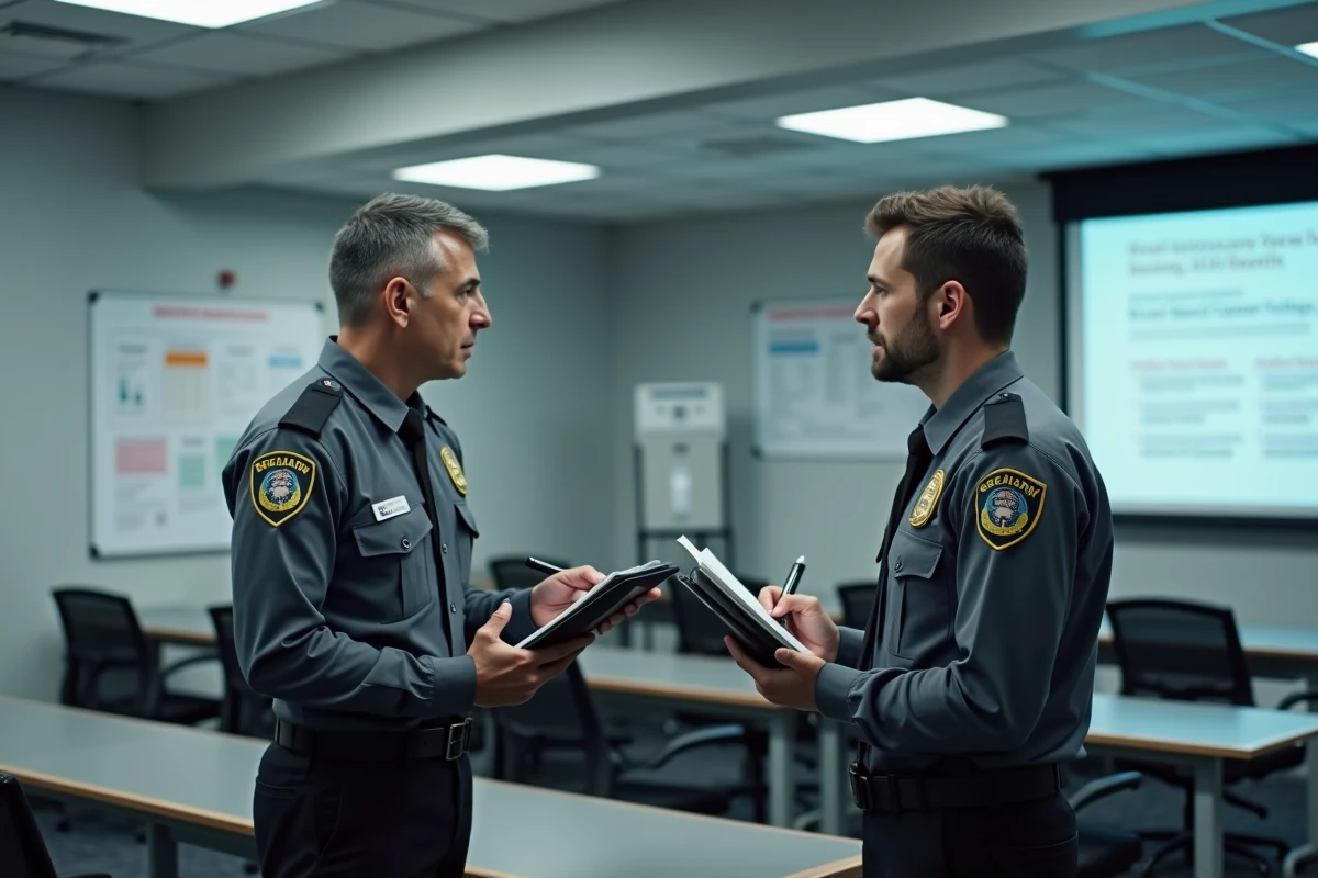 Deux agents de sécurité privée en formation réglementaire dans une salle de briefing, illustrant les obligations de formation et d'agrément imposées par le CNAPS