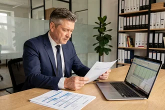 Gérant de SARL analysant les charges sociales et le salaire de gérant sur des documents comptables dans un bureau professionnel
