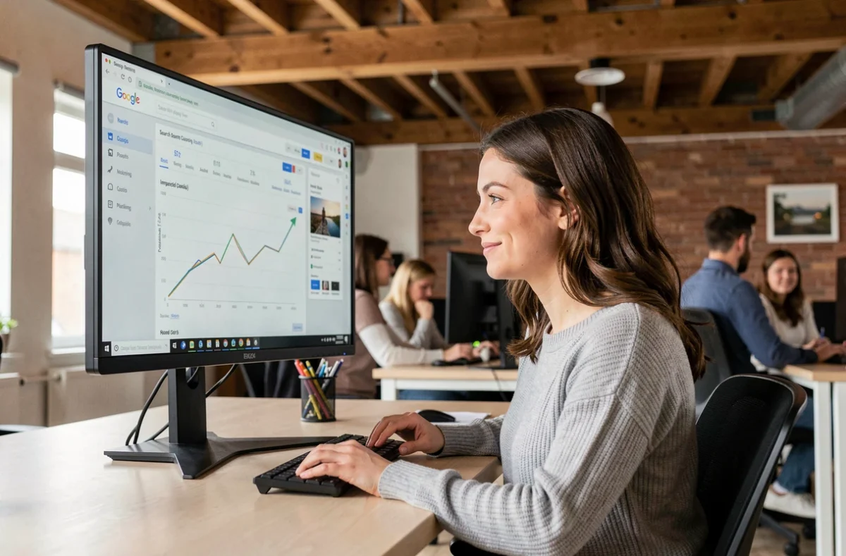 Une analyste SEO de Get Ranking étudiant les performances de référencement sur un écran dans un bureau moderne