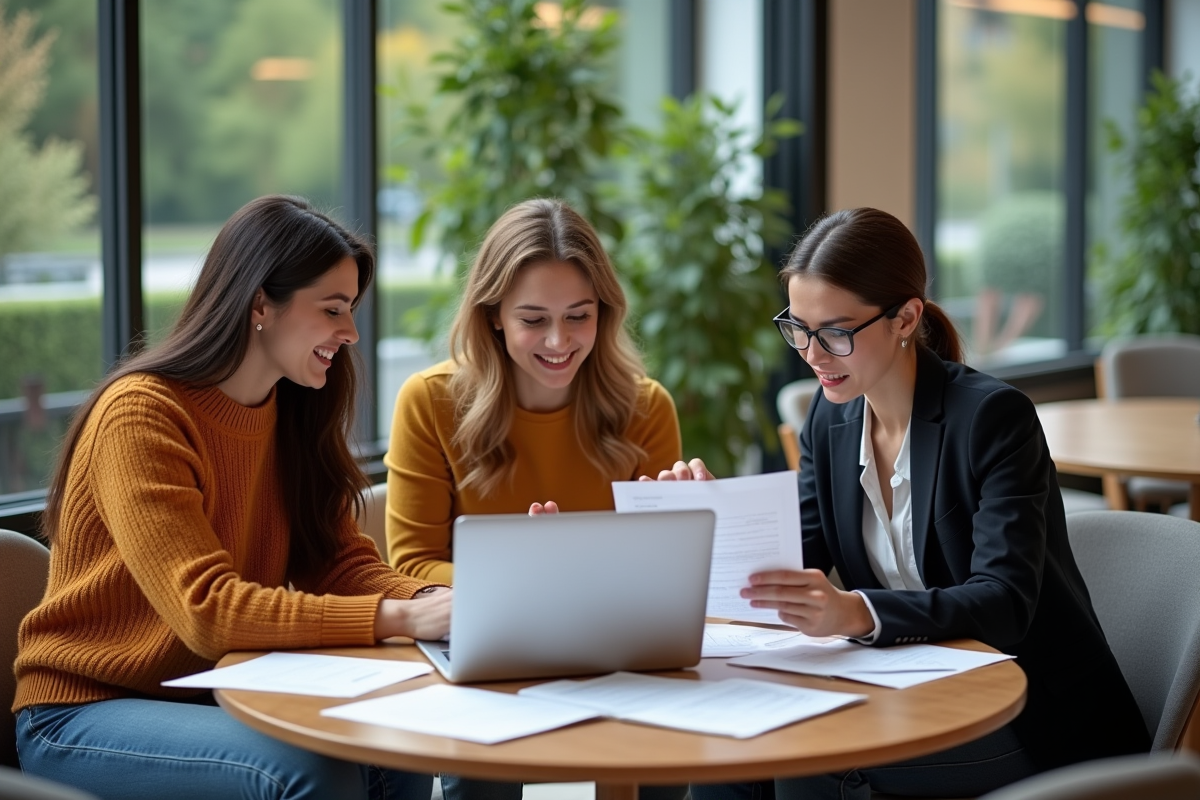 Trois professionnels en réunion autour de documents et ordinateur