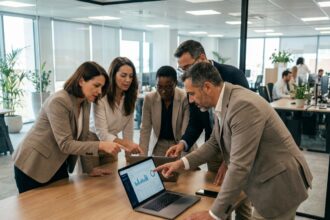 Groupe de professionnels discutant autour d'un ordinateur en entreprise