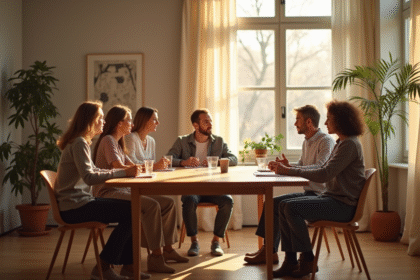 Groupe de personnes diverses discutant autour d'une table lumineuse