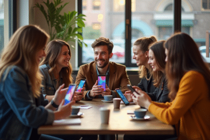 Groupe de jeunes stylés dans un cafe moderne en journée lumineuse