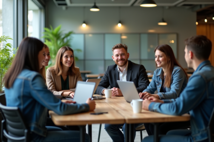 Groupe de jeunes professionnels discutant à Station F Paris
