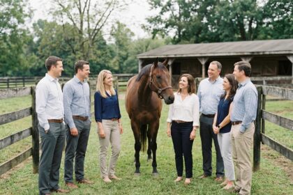 Groupe de professionnels autour d'un cheval en milieu rural