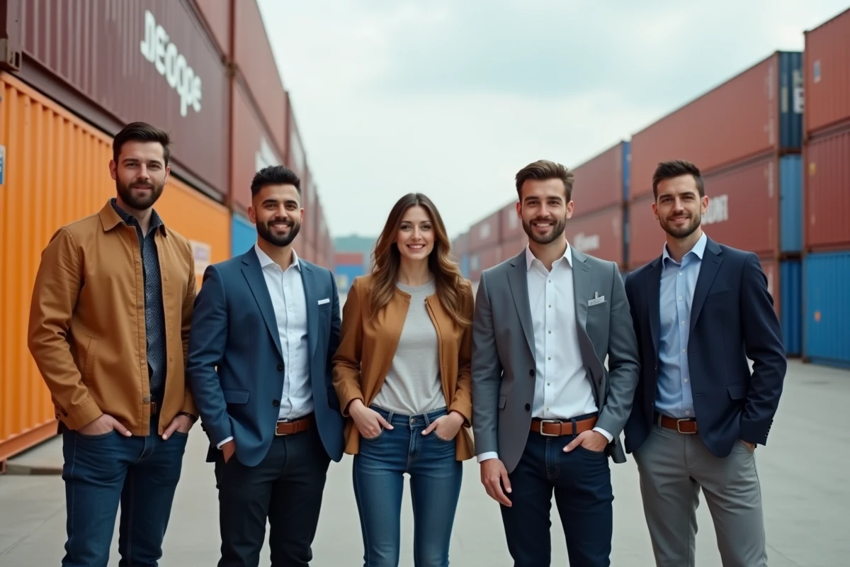 Groupe de jeunes professionnels autour de containers dans un hub logistique