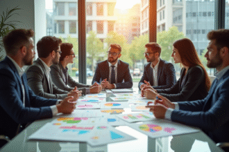 Professionnels en réunion autour d'une table avec graphiques et notes