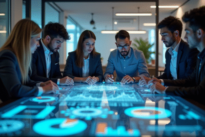 Groupe de professionnels autour d'une table holographique moderne
