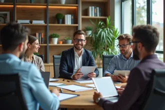 Groupe de professionnels en réunion collaborative moderne