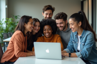 Groupe de jeunes adultes collaborant sur une campagne virale