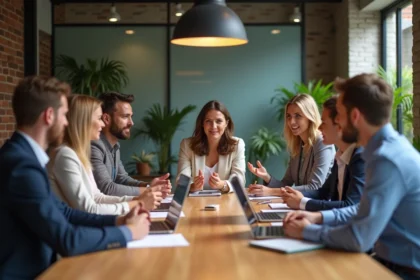 Groupe de professionnels en réunion dans un espace coworking